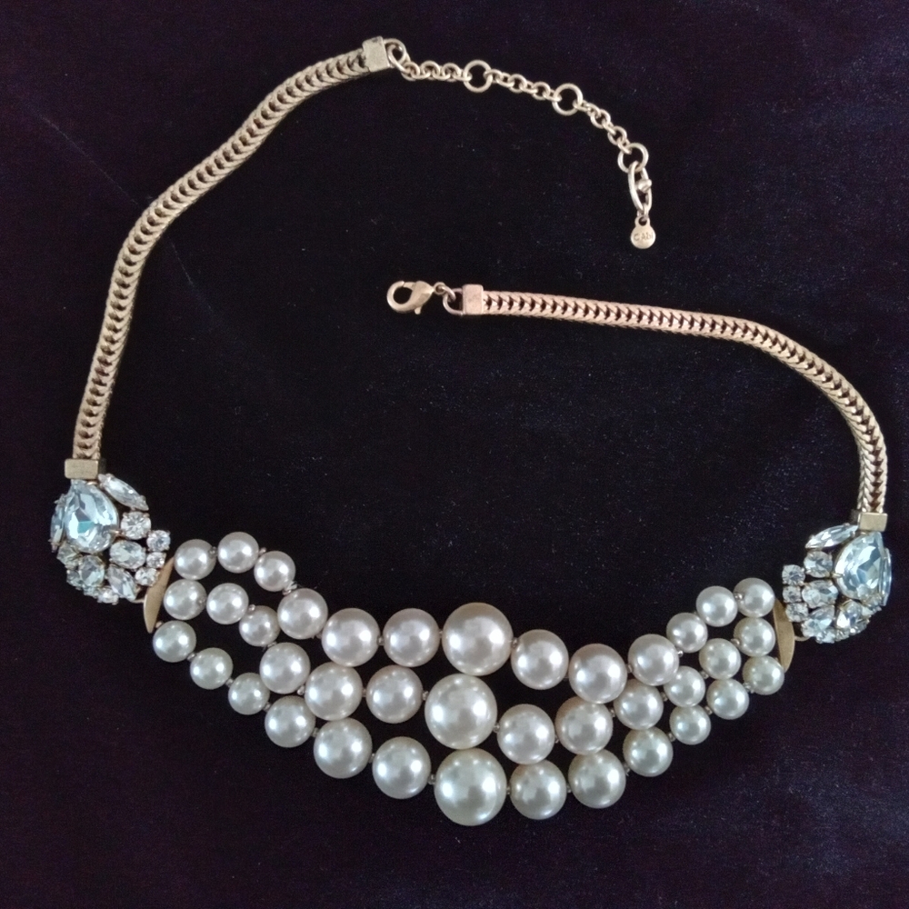 Cabi Gold Tone Chain, Convertible, Faux Pearl & Crystal Statement Necklace